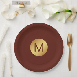 Prato De Papel Elegante Vermelho Chic e Monograma Dourado Inicial