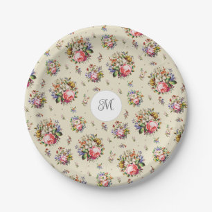 Prato De Papel Elegante Vintage Pink Padrão Floral Nome Monograma
