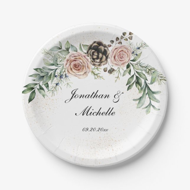 Prato De Papel Elegante Vintage Rosas Rosa Greenery (Frente)