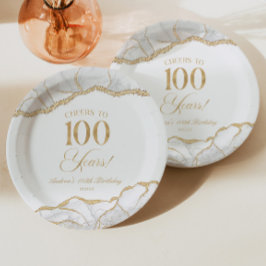 Prato De Papel Elegante White Dourado Agate 100ª Festa de anivers