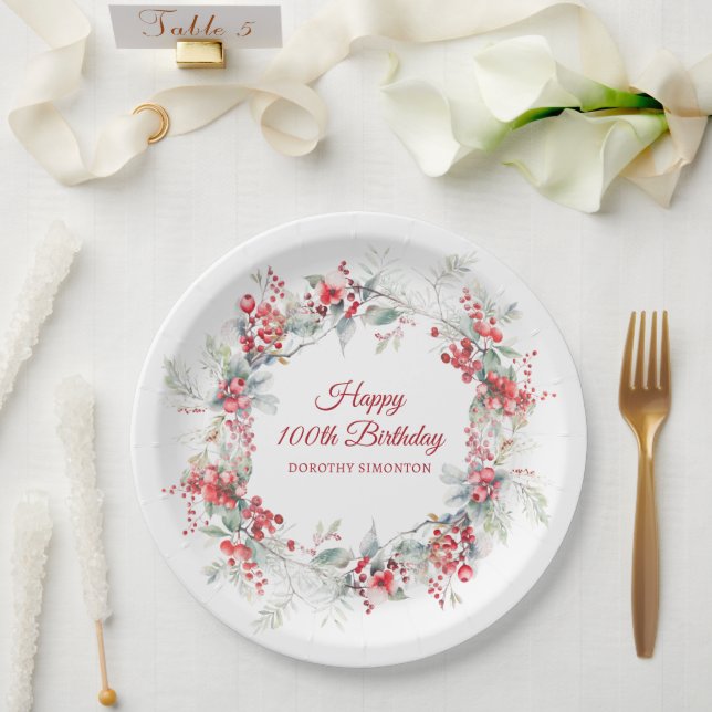 Prato De Papel Elegante Winter Berry Botanical 100th Birthday (Casamento)