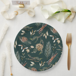 Prato De Papel Elegante Winter Pinecones e Evergreen