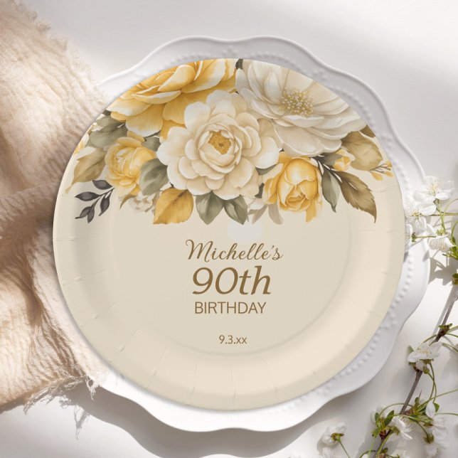 Prato De Papel Elegante Yellow Ivory Cream Floral Surprise 90 (Yellow and cream floral 90th birthday party paper plates)