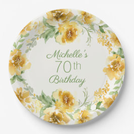 Prato De Papel Elegante Yellow Watercolor Floral 70 Birthday P