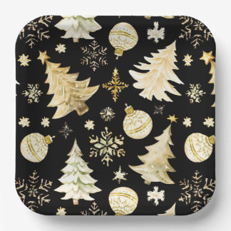 Prato De Papel Elegantes Bolas de Natal em Preto e Dourado com Fl