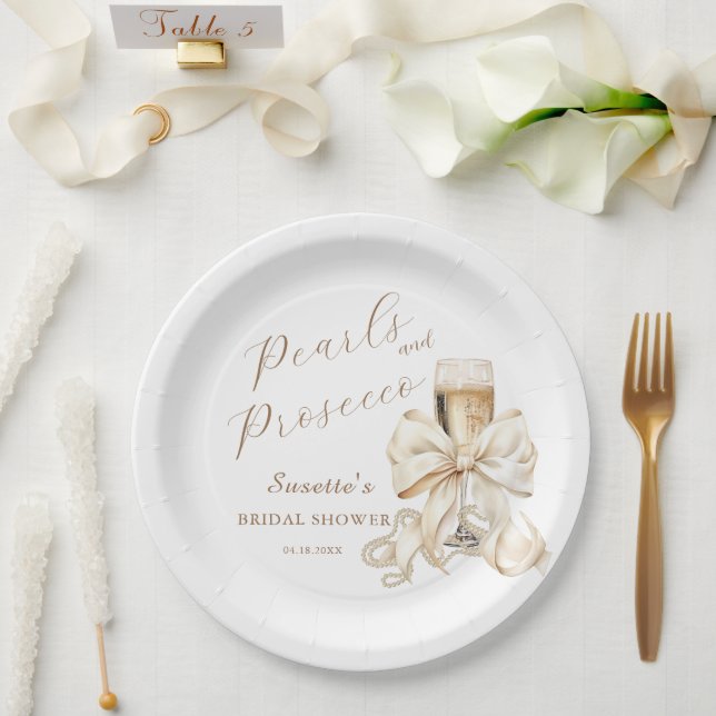 Prato De Papel Elegantes Pérolas e Prosecco para Chá de Noiva (Casamento)