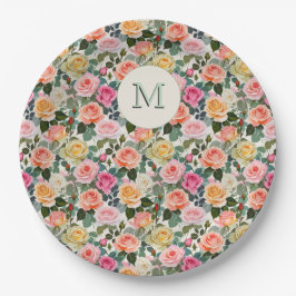 Prato De Papel Elegantes Rosas de Jardim Florais Monogramadas Bon