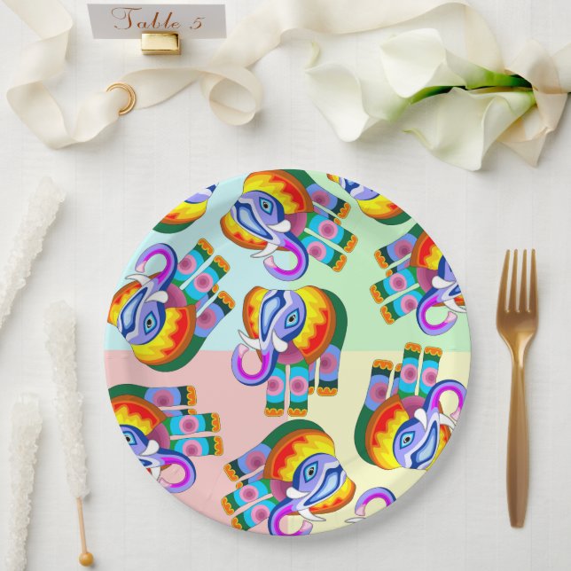 Prato De Papel Elephant Rainbow Colors Patchwork (Casamento)