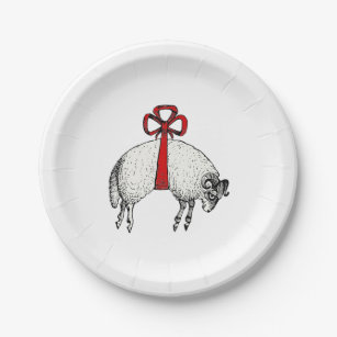 Prato De Papel Emblem de repouso de ovelhas com velo heráldico