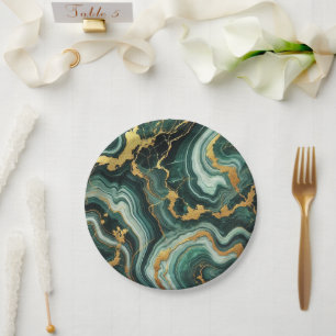 Prato De Papel Emerald Green e Dourado Marble Look Weds