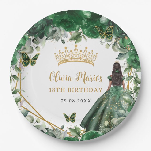Prato De Papel Emerald Green Floral Brown Princess 18th Birthday (Frente)