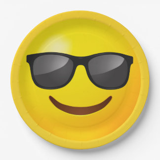 Prato De Papel Emoji Amarelo Feliz com Óculos de Sol