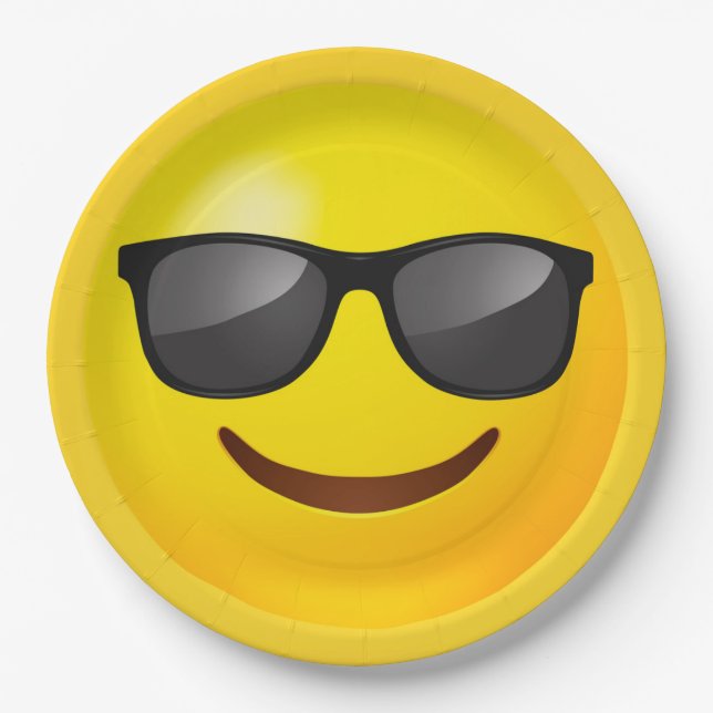 Prato De Papel Emoji Amarelo Feliz com Óculos de Sol (Frente)