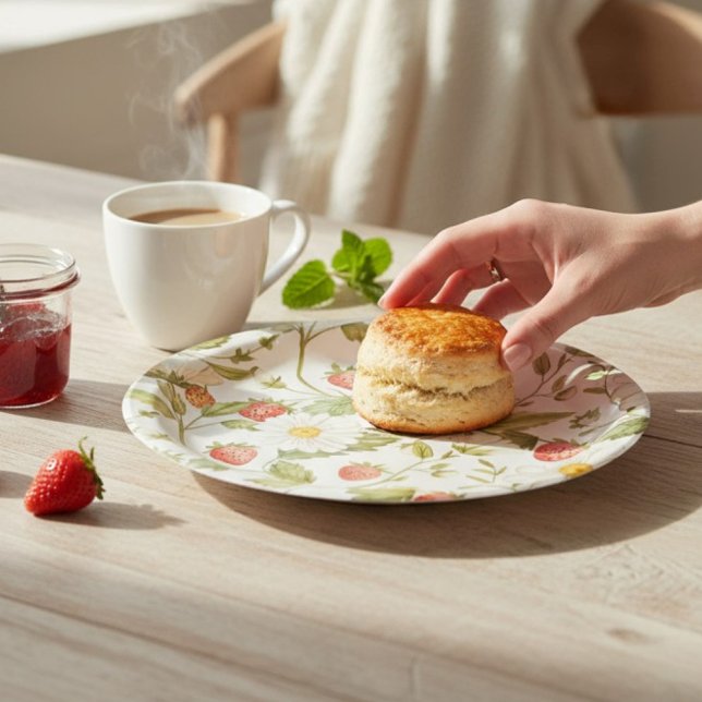 Prato De Papel Encantadora Aquarela Botânica de Morango Margarida (Criador carregado)