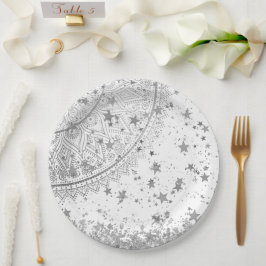 Prato De Papel Encantando Mandala com Estrelas de Prata em Branco
