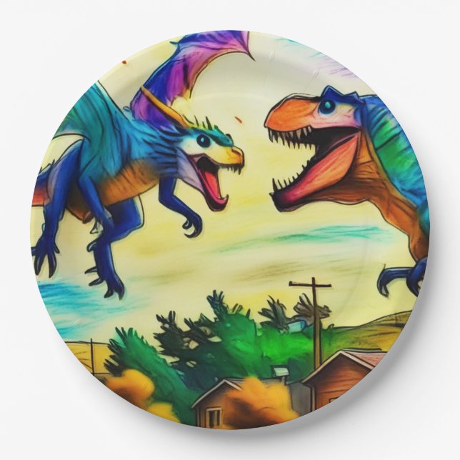 Prato De Papel Encontro Amigável - Dragão e Dinossauro (Frente)