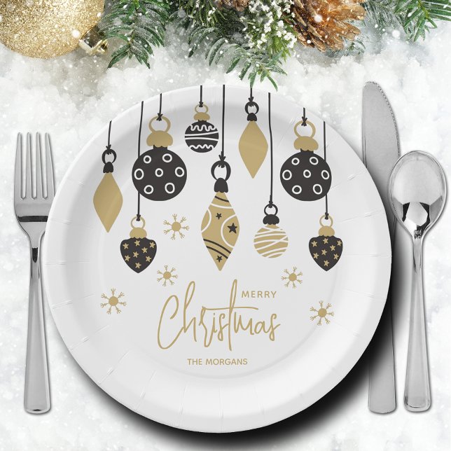 Prato De Papel Enfeites de natal Chic Black e Dourados (Chic black and gold Christmas tree ornaments paper plates in 2 sizes)