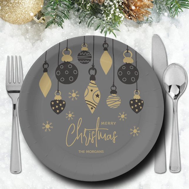 Prato De Papel Enfeites de natal quic nas Cinzas (Chic black and gold Christmas tree ornaments on grey paper plates in 2 sizes)