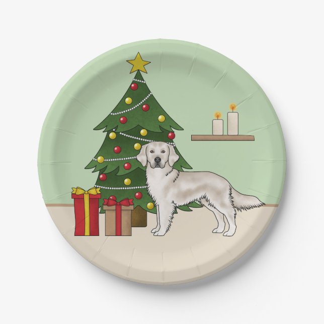 Prato De Papel English Cream Golden Retriever Com Árvore de Natal (Frente)