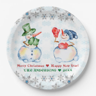 Prato De Papel Engraçado Snowman Feliz Natal Cristais Snowflakes
