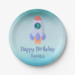 Prato De Papel Engraçado T-rex dinossauro estudante de foguetes B