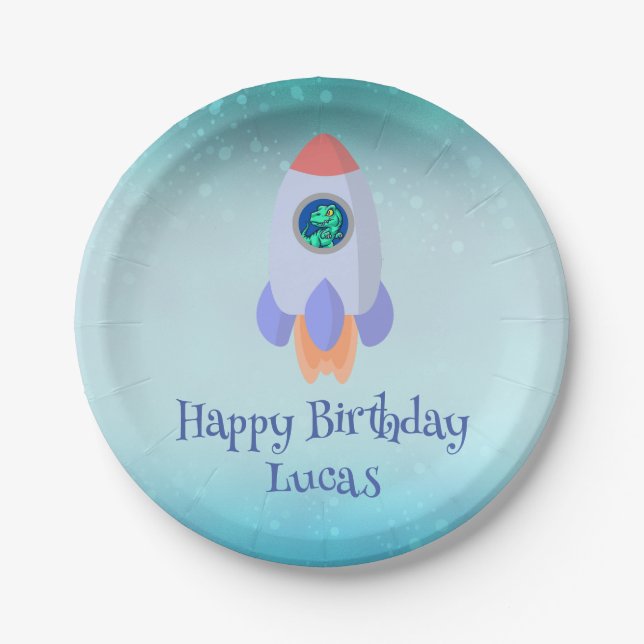 Prato De Papel Engraçado T-rex dinossauro estudante de foguetes B (Frente)