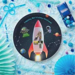 Prato De Papel Enorme quatro com fotos Space Rocket 4º Aniversá