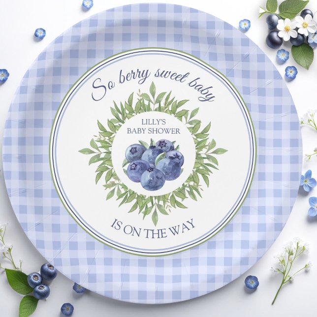 Prato De Papel Então Berry Sweet Blueberry Xadrez Chá de fraldas  (So Berry Sweet Blueberry Blue Plaid Baby Shower Paper Plates)