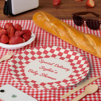 Prato De Papel Entrega Especial Retro Vermelho para Chá de Bebê
