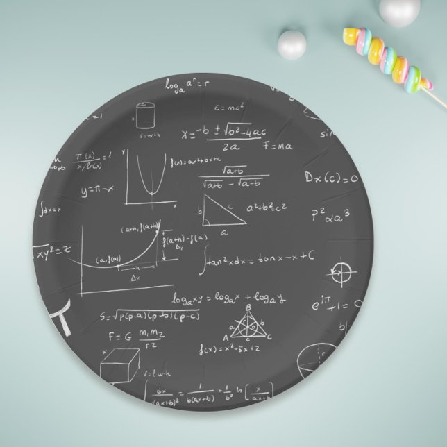 Prato De Papel Equações e gráficos de matemática em preto e branc (Math formulas and equations paper plates for your math birthday or graduation party)