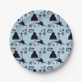 Prato De Papel Equipamento de esqui preto e flocos de neve em azu