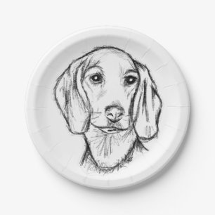 Prato De Papel esboço desenhado à mão de cachorro dachshund preto