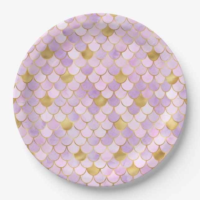 Prato De Papel Escalas de Sereia Lilac e Dourada (Frente)