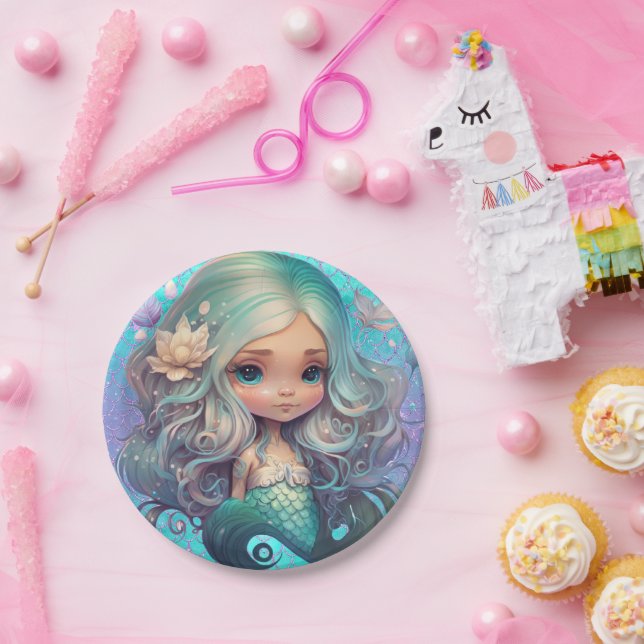 Prato De Papel Escamas Azuis Roxas Do Mar Da Sereia (Festa)