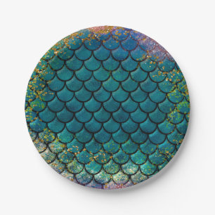 Prato De Papel Escamas de Peixe Sereia Glam Teal Roxo Dourado Bri