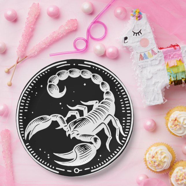 Prato De Papel Escorpião Branco Astrologia Zodíaca Sinal Scorpio  (Festa)