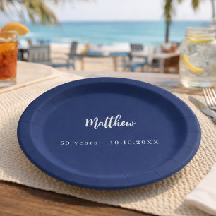 Prato De Papel Escrito branco azul-escuro de aniversário minimali