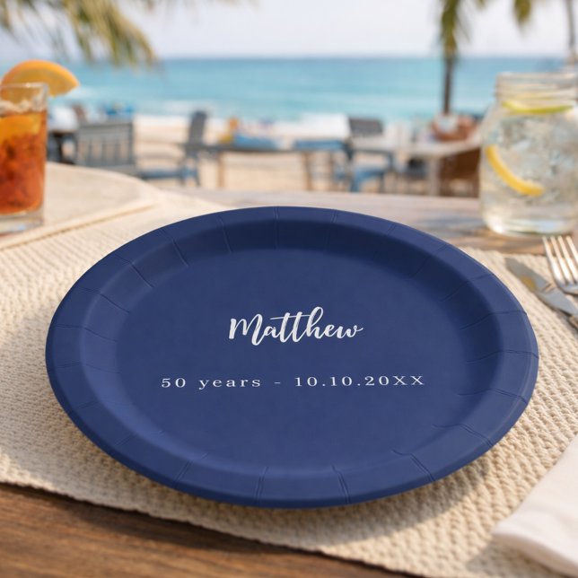 Prato De Papel Escrito branco azul-escuro de aniversário minimali (Criador carregado)