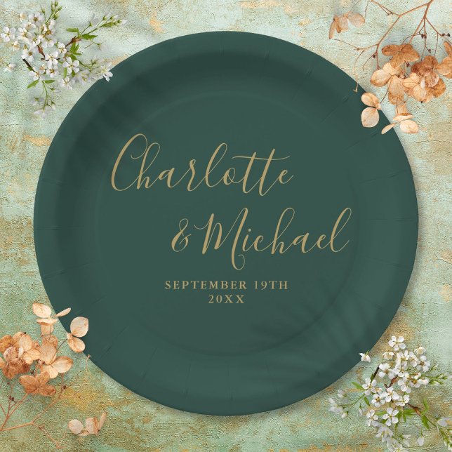 Prato De Papel Escrito Elegante Casamento Verde E Dourado Emerald (Elegant Script Emerald Green And Gold Wedding Paper Plates)