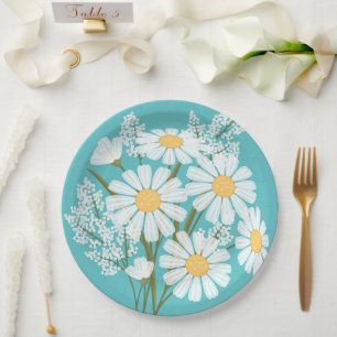 Prato De Papel Escuridão Branca Floral Elegante no Teal