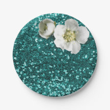Esmeralda Aquática Branco Floral Jasmine Glitter