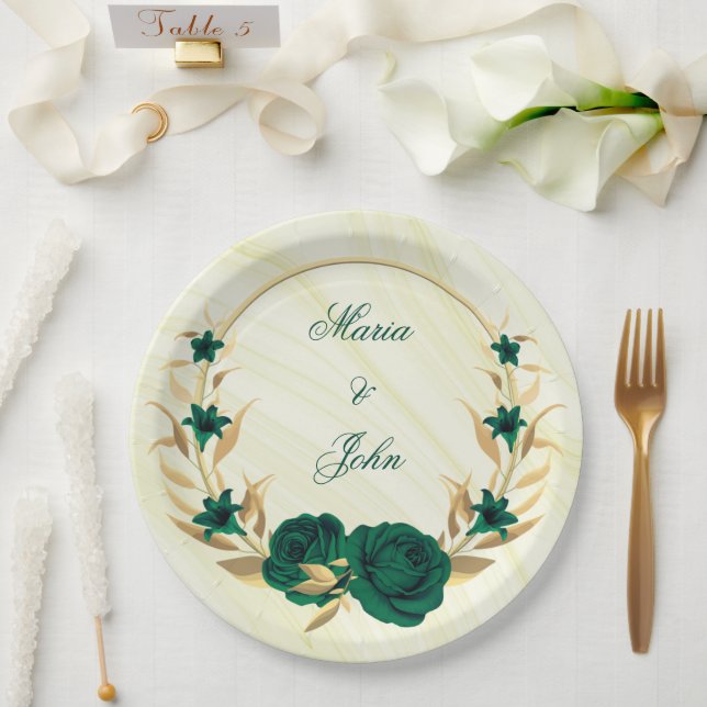 Prato De Papel esmeralda flores verdes ouro folhas de coroa (Casamento)