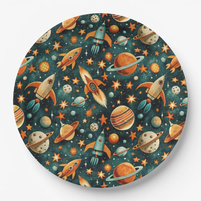 Prato De Papel Espaço Atômico Laranja Teal do Meio do Século (Frente)