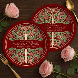 Prato De Papel Espada Floral Medieval Escarlate Real Casamento 