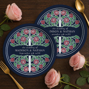 Prato De Papel Espada Floral Medieval Real Azul Prata Casamento 