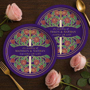 Prato De Papel Espada Floral Medieval Real Roxo Casamento