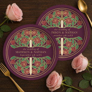 Prato De Papel Espada Floral Medieval Real Roxo Casamento