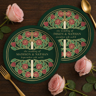 Prato De Papel Espada Floral Medieval Real Verde Dourado Casament