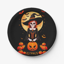 Prato De Papel Espantalho do crânio do Halloween com abóbora