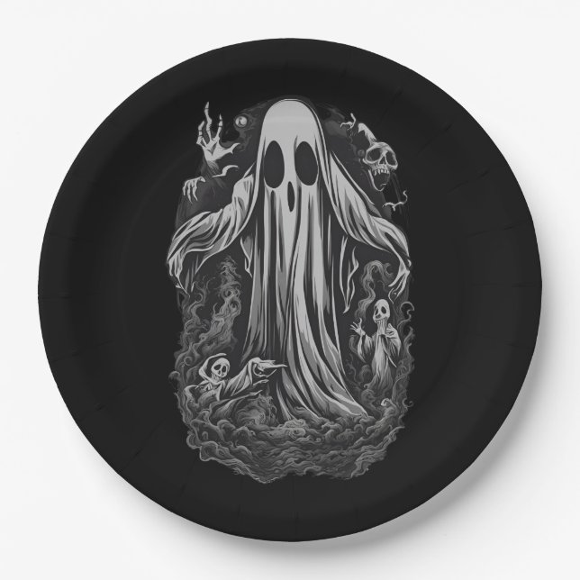 Prato De Papel Espírito de Halloween 8, fantasma, assustador, med (Frente)